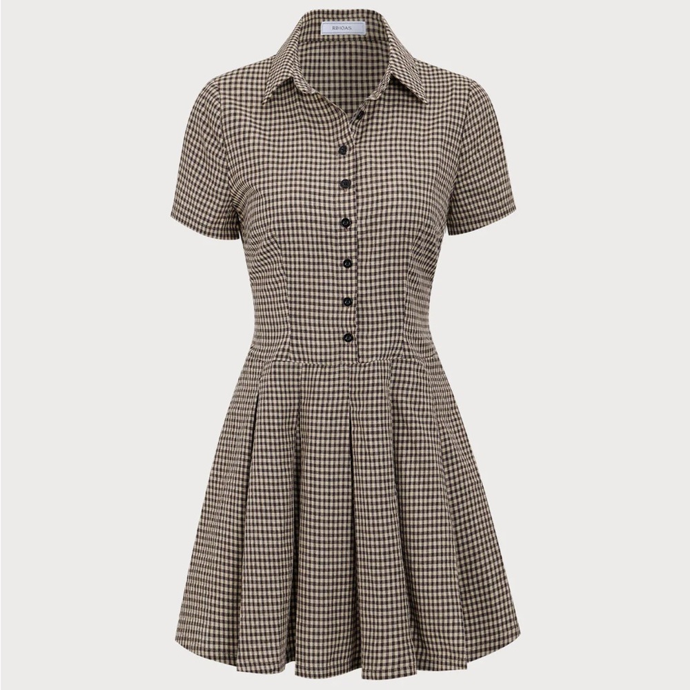 Rihoas Brown Plaid Lapel Pleated Mini Dress - Picture 5 of 8